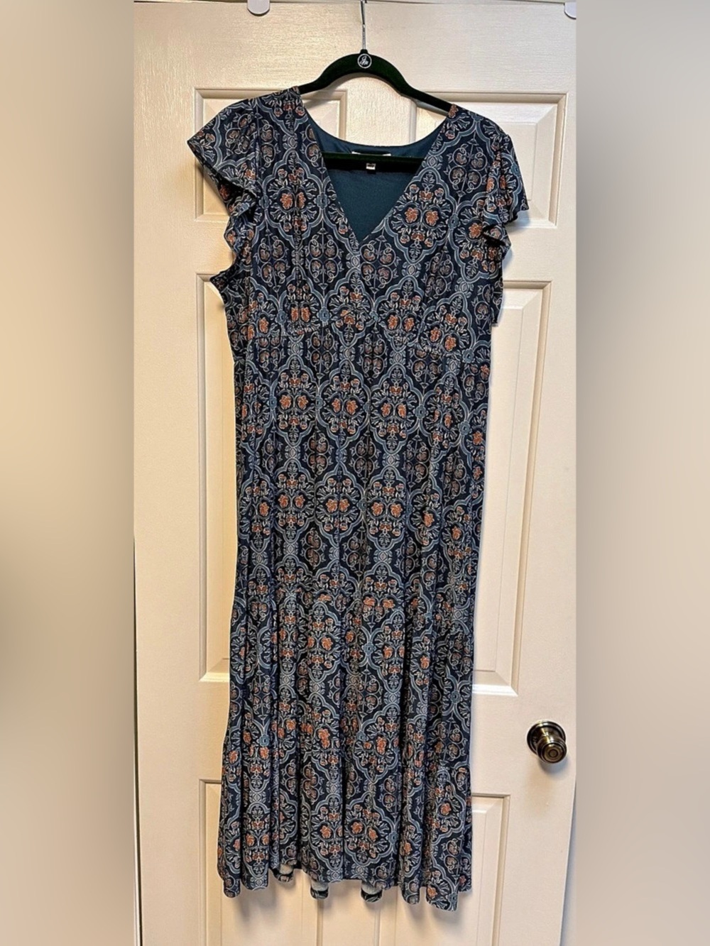 Les Serein Women's Geometric Midi Dress Teal Green & Orange XL Like New